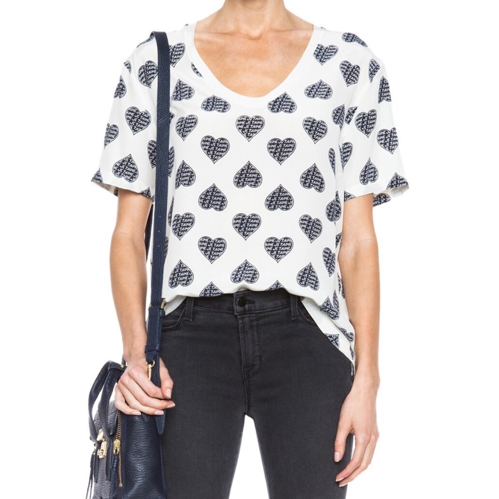 EQUIPMENT Cameron Tee with Contrast Je Taime Hearts Silk Top Size S NWT